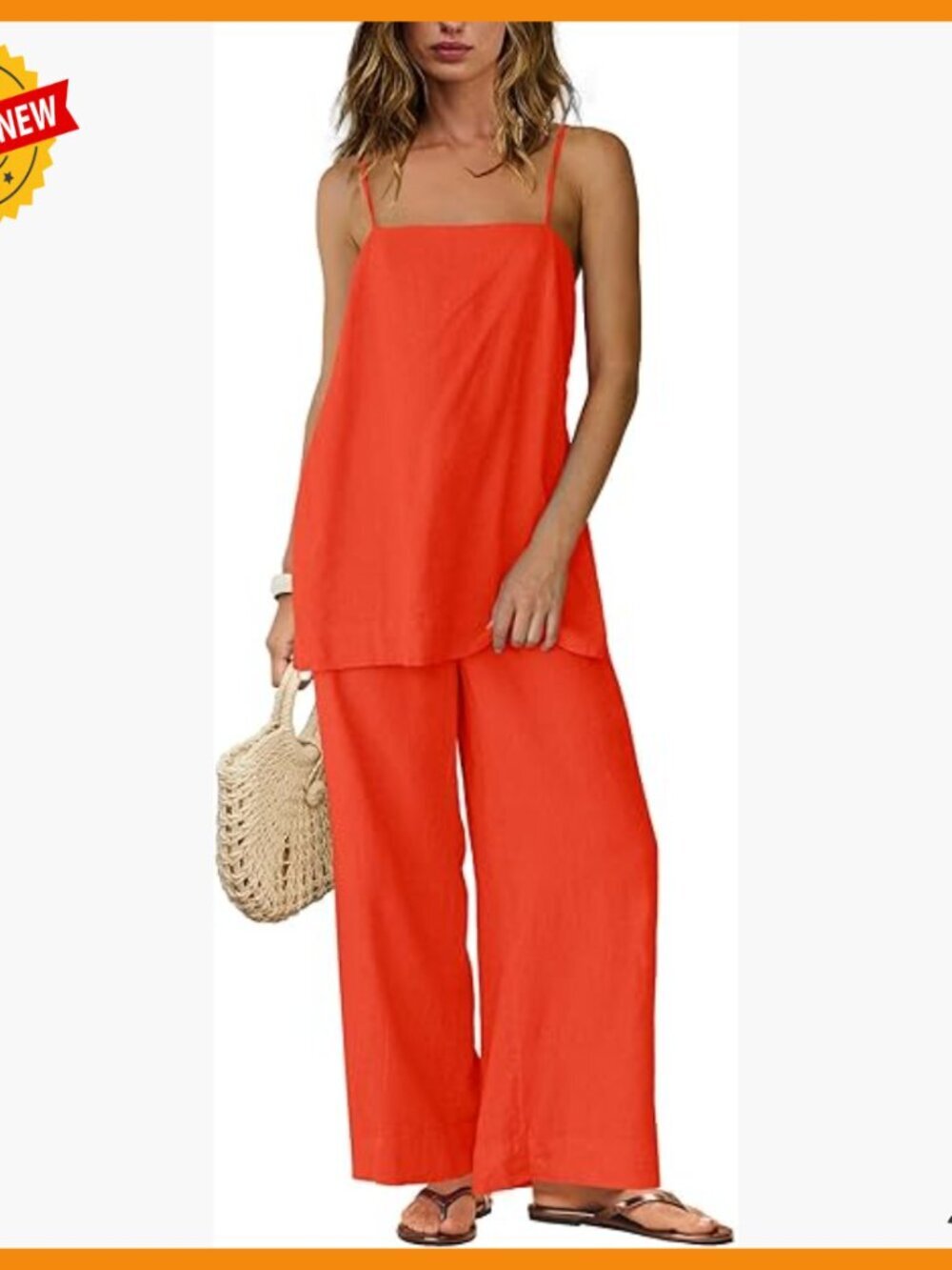 Linen 2-Piece Set Spaghetti Strap Tank Top Wide Leg Pants X-Small